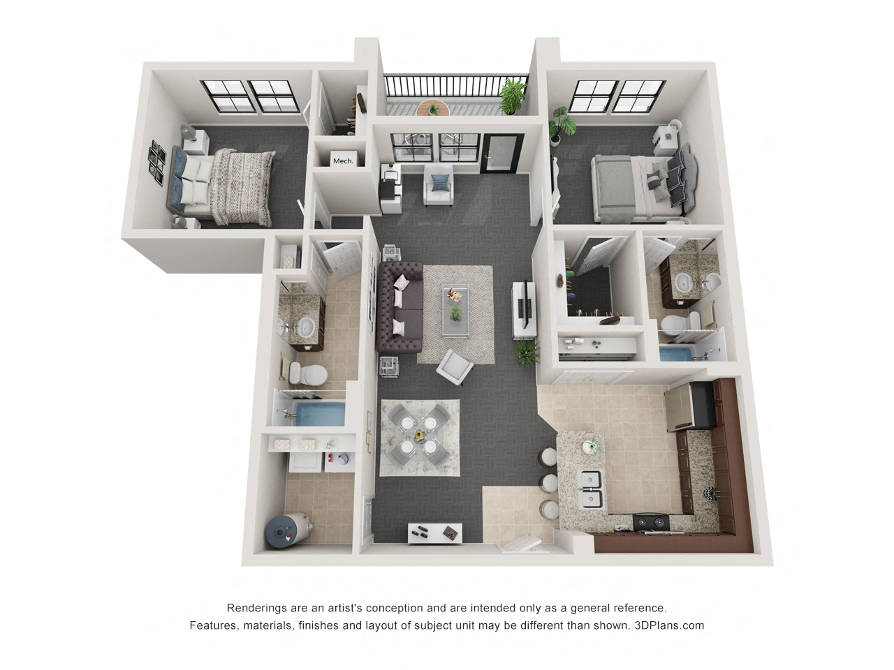 Floor plan for 2 beds, 2 baths, 1204 sqft
